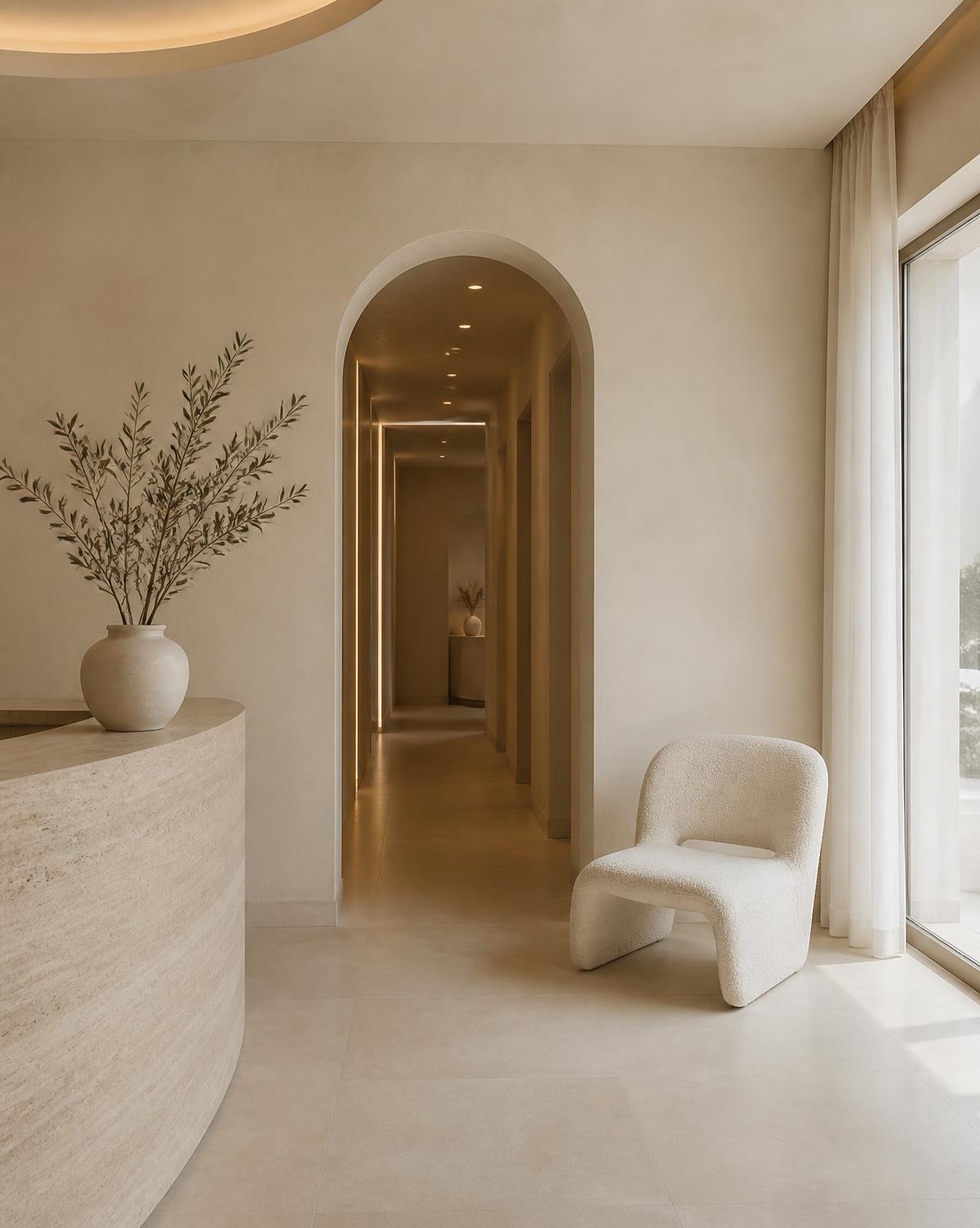 Minimal travertine and plaster interior of the Aurora studio