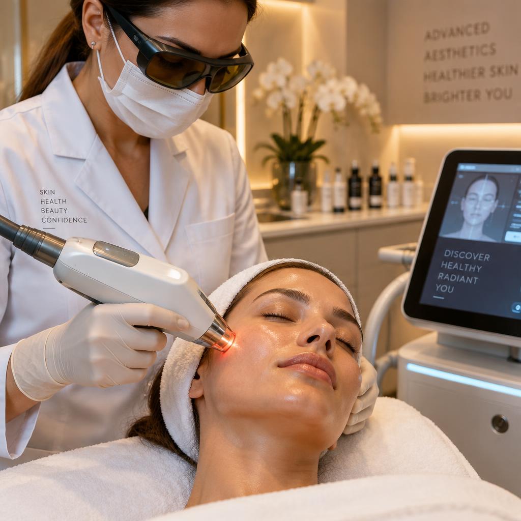 A practitioner performing a laser facial treatment in a clinical aesthetics studio